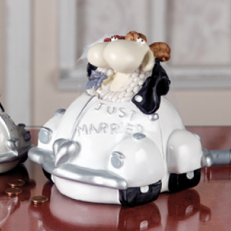 Poly Spardose Schafe auf Motorrad mit Beiwagen Hochzeit 10x9,5cm Brautpaar 