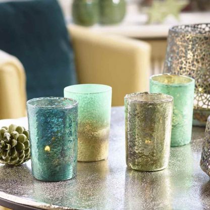  BigDean 4er Set Teelichtgläser in 4 verschiedenen Motiven - Grün  lackierte Windlicht-Gläser - Kerzenglas - schöne Tischdekoration