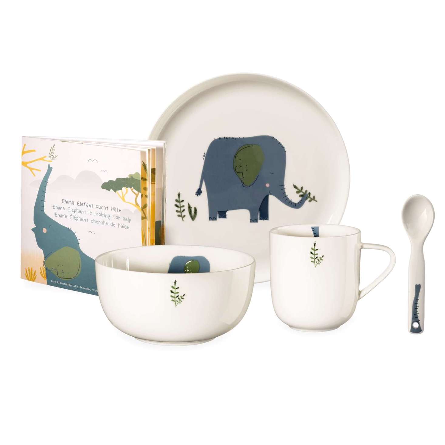 Kindergeschirr Set mit Namen 5-tlg Elefant Keramik Teller Müslischale Tasse 