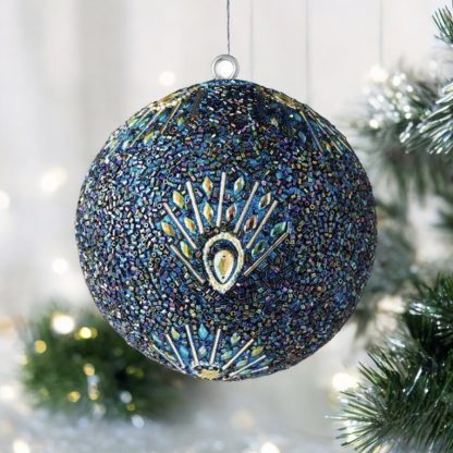 Weihnachtskugel OPIUM GiftCompany Pfauenmuster, Pailletten, Perlen blau ø 10 cm