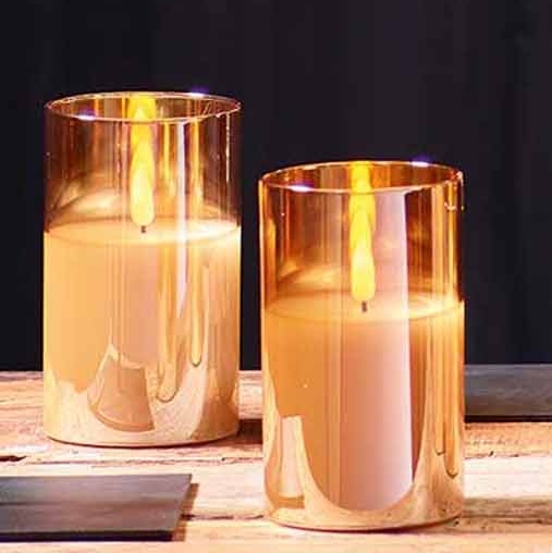LED Kerze im Glas mit Timer gold 7x10 | 7x12 | 7x15 cm ...