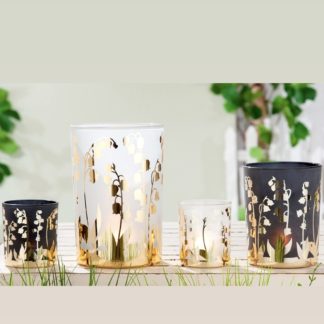 Frühlingsdeko Windlicht Glas | Teelichthalter Glas GLOCKENBLUME schwarz-gold