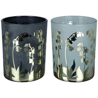 Frühlingsdeko Windlicht Glas | Teelichthalter Glas GLOCKENBLUME 2er Set weiß-gold/schwarz-gold