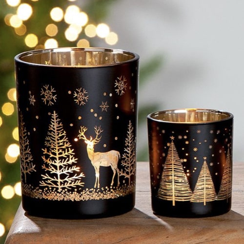 Teelichtgläser Weihnachten 2er schwarz-gold Set