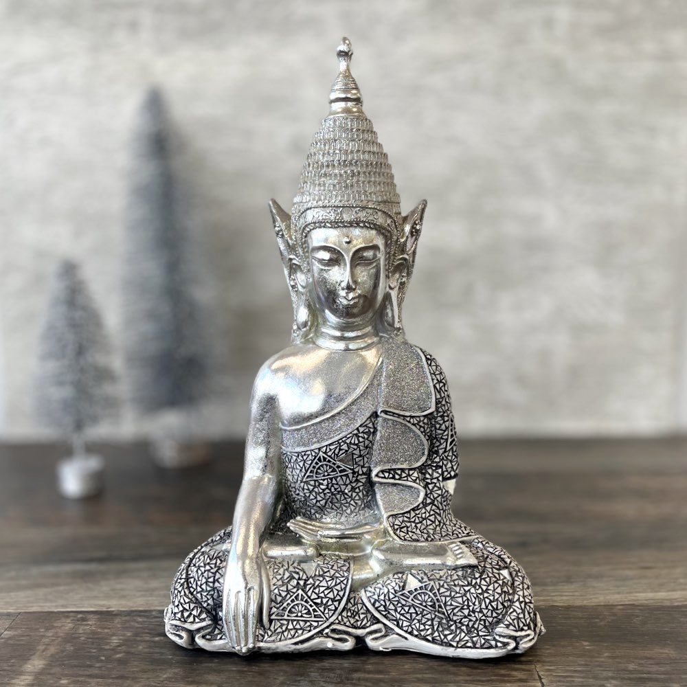 Buddha Figur silber sitzend Höhe 42 cm