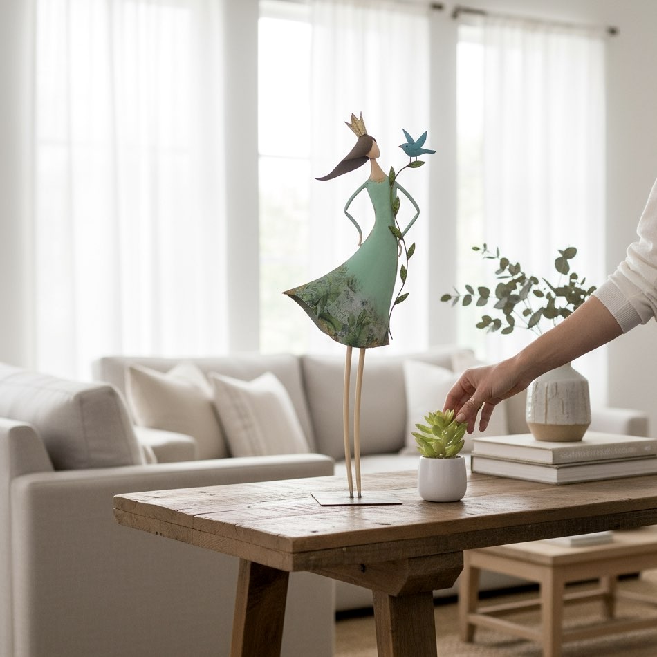 Metall Deko Figur Elfe mit Vogel Höhe 65 cm