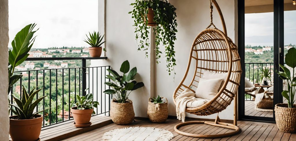 Ein Balkon mit einem hängenden Rattansessel, mehreren Topfpflanzen, einem runden Teppich und einer malerischen Aussicht auf eine grüne Landschaft und Gebäude in der Ferne.