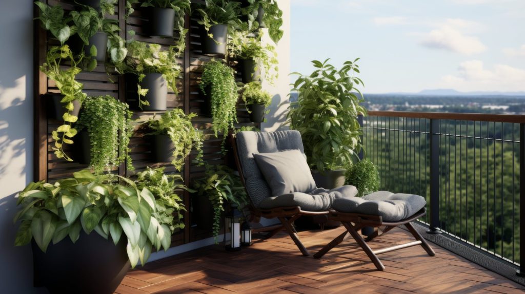 Ein Balkon mit Holzboden, auf dem neben einem Liegestuhl mit einer Fußbank auch ein an der Wand befestigten vertikalen Garten mit verschiedenen Grünpflanzen ist. Vom Balkon aus hat man einen Blick auf eine malerische Landschaft unter einem klaren blauen Himmel.